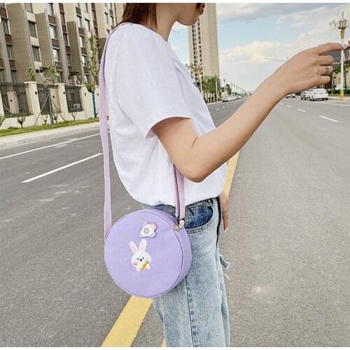 Hyuna Flowers Fresh Literary Ladies One-Shoulder Small Round Canvas Messenger Bag Casual All-Match Smooth Golden Zipper
