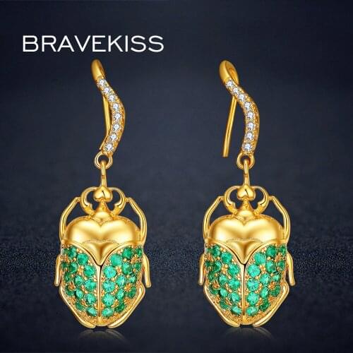 BRAVEKISS Inset Drop Earrings For Women Gold Color Beetle Hanging Earrings Green Cubic Zirconia Fashion Jewelry BUE0316