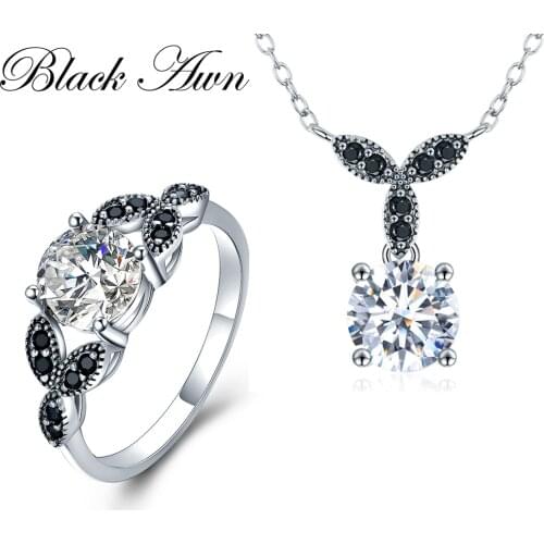 [BLACK AWN] 925 Sterling Silver Fine Jewelry Sets Trendy Engagement Sets Wedding Necklace+Ring for Women PR035