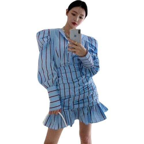High Fashion Runway Women 2 Piece Sets Striped Long Puff Sleeve Shirt Blouse&Pleated Mini Mermaid Skirt Retro 2pc Matching Suits