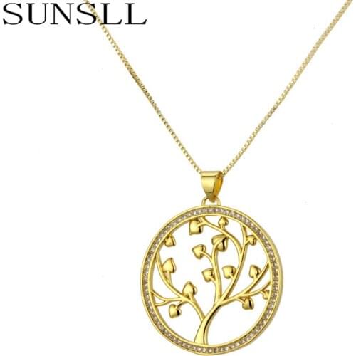 SUNSLL New Life Tree Necklace Gold Round Pendant women Copper Necklace Party Fashion Jewelry Christmas Jewelry chain Gifts