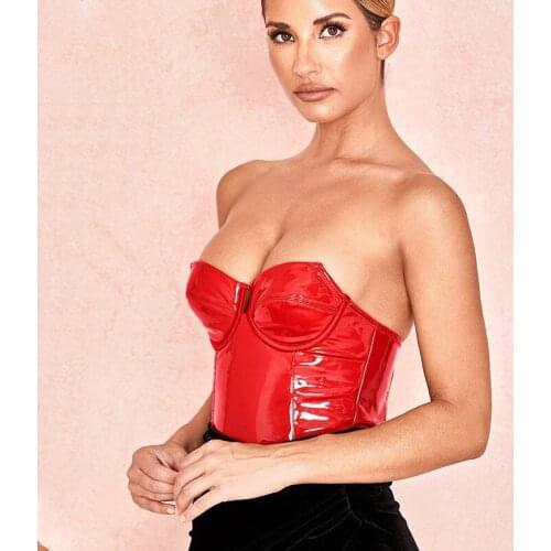 Women Sexy PU Leather Strapless Deep V neck Sleeveless Bodysuit Ladies Stretch Bodysuit Tops Catsuit Skinny Bodysuit Clubwear