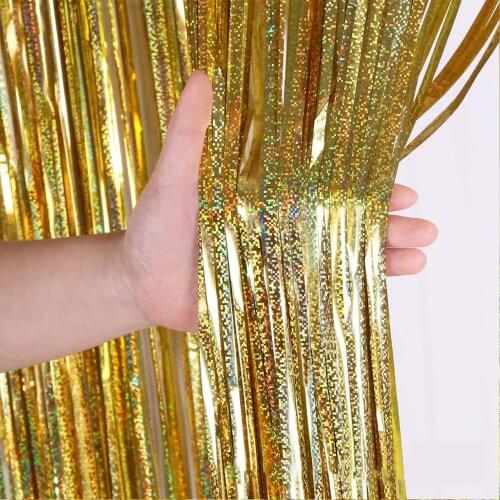 2M Shiny Metallic Foil Fringe Shimmer Backdrop Wedding Party Wall Decoration Photo Booth Backdrop Tinsel Glitter Curtain Gold