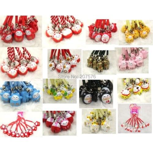 Free Shipping 100pcs Mini cartoon mix Lucky Cat Shape Chain Cute Mobile Phone Charm Strap bell Cell Phone Pendant Fashion #494