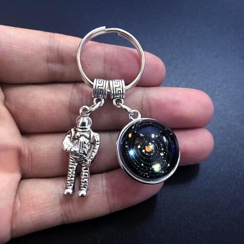 Fashion Astronaut Solar System Planet Moon Phase Image Keychain Galaxy Double Side Glass Ball Mens Car Keyring
