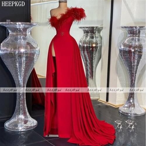 Elegant Red One Shoulder Sexy Evening Dress With Feather High Slit A Line Long Formal Dresses Plus Size Women Prom Gowns