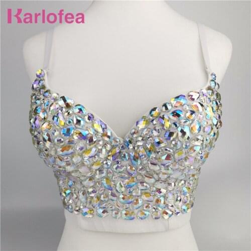 Karlofea Gorgeous Sparkle Handmade Crystal Bra Crop Top Sexy Push Up Night Club Party Outfits Bustiers Spaghetti Strap Slim Tops