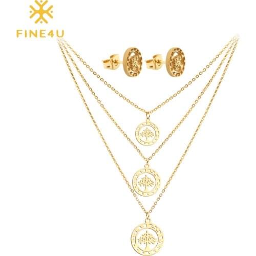 FINE4U N157 Luxury Multi-layer Women Wedding Necklace Earrings Sets Stainless Steel Bridal Jewelry Set