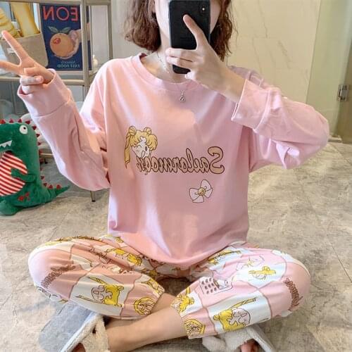 Sweet Girls Sleepwear Japan Anime Women Pajama Set Cartoon Hats Sailor Moon Pijama Autumn Warm Long Sleeve Pijama Nightsuit