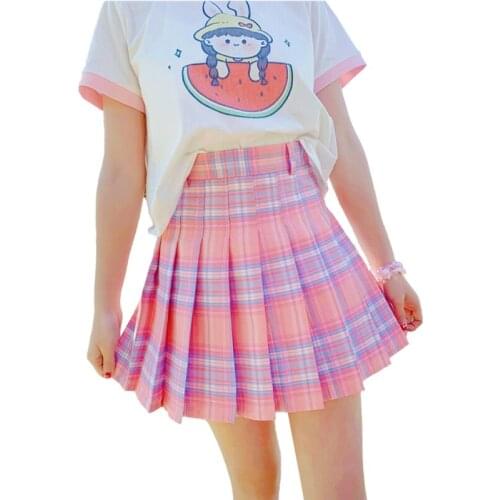 Harajuku Kawaii High-waisted Mini Skirts Teens Girls Summer Pleated Cute Plaid 2021 Japanese School Uniform Shorts Skirt Pink