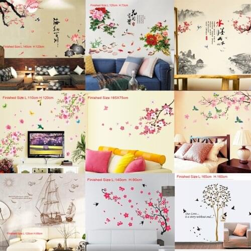 PVC Wall Stickers Pink Butterflies Bird Peach Blossom Chinese Style Decal For Home Wall Room Decor DIY Art Flower Sticker Poster