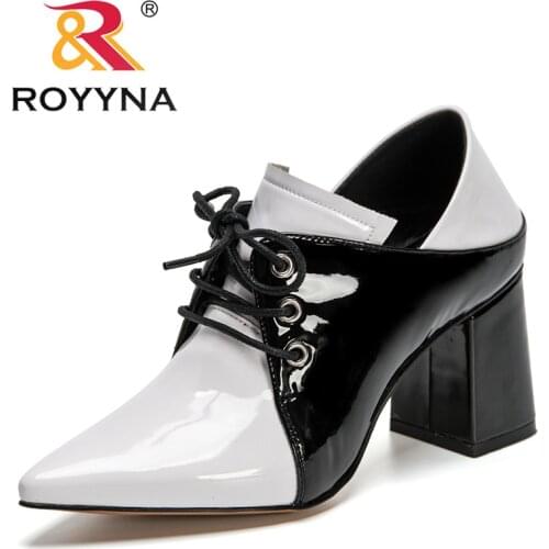 ROYYNA 2021 New Designers Patent Leather High Heels Sexy Cross-Tied Pointed Toe Lace Up Pumps Women Dress Thick Heels Footwear