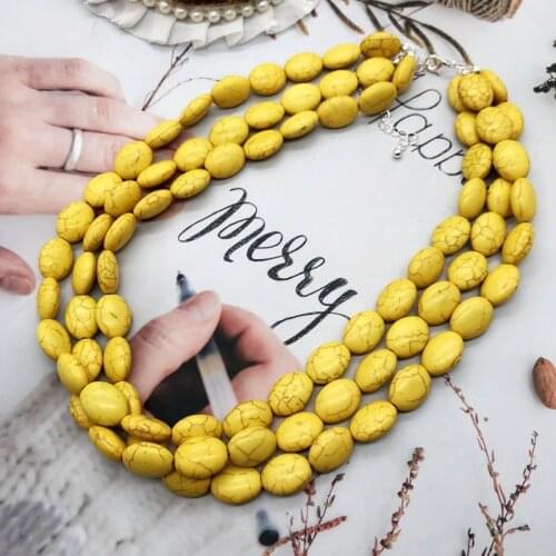 Yellow Marble Stone Statement Necklace Collar Three Strands Punk Travelling Sandy Beach Jewelry