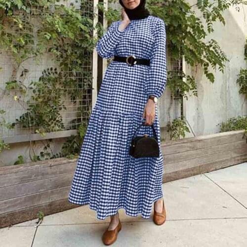 Muslim Dress Women Plaid Checked Long Puff Sleeve Sundress ZANZEA Autumn Vintage Kaftan Vestido Femme Party Dress Robe Plus Size