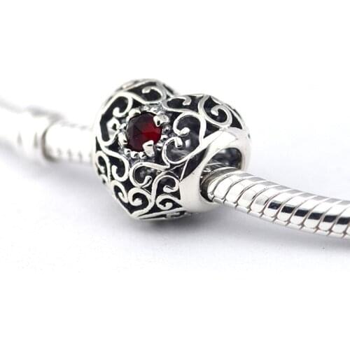 Fits Western Charms Bracelet 925 Silver Beads, January Signature Red Heart Garnet Sterling-Silver-Jewelry Charm Fashion Jewelry