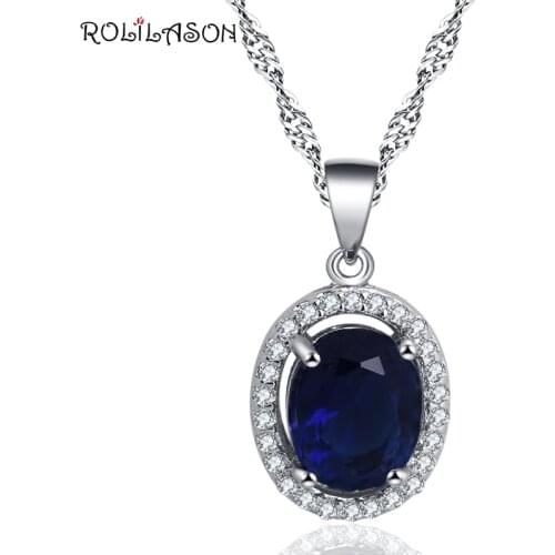 ROLILASON simple and generous design dark blue zircon crystal silver color necklace Pendant wedding jewelry suitable LN685
