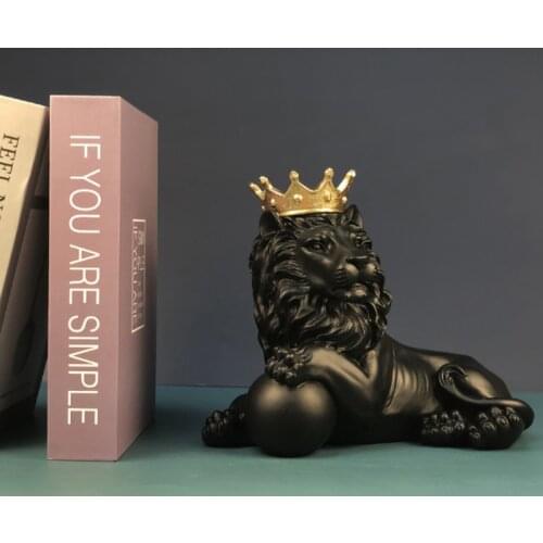 Resin Lying Lion Statue,Modern Gold Crwon Lion Sculpture,Hand-Painted Lion Statue and Sculpure for Home,Offiice,Desktop Decor