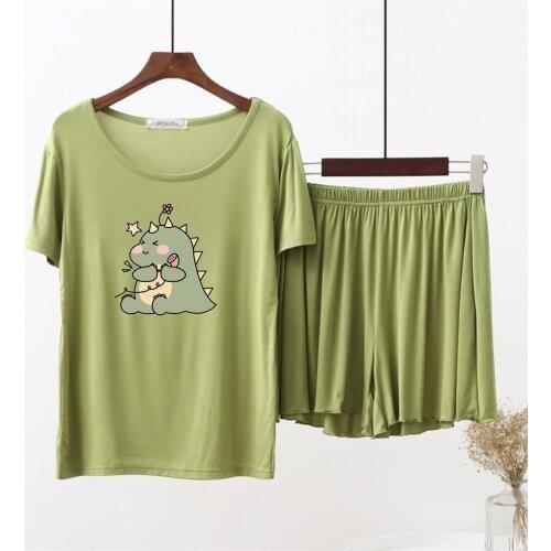 Women Soft Modal Cotton Summer Homewear Plus Size O-Neck Sleepwear Cute Cartoon Little Green Dinosaur Women Short Sleeve Pajamas