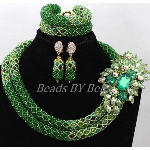 Splendid Green Seed Beads Crystal Women Choker Necklace Bridal Jewelry Sets Nigerian Beaded Necklaces Sets Free Shipping ABK247