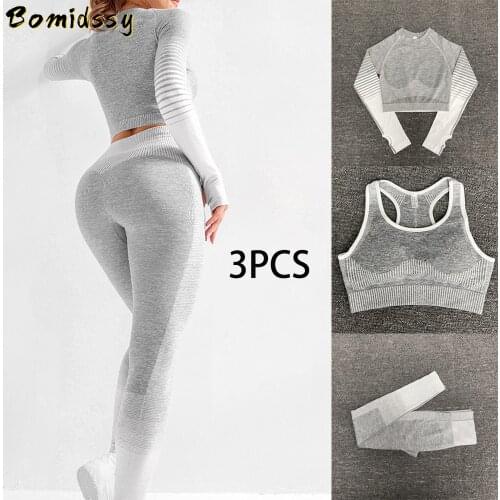Womens Sexy Seamless Sports Bra Tight Long Sleeve Shirt High Waist Yoga Pants Suit Fashion Striped Fitness Running Apparel