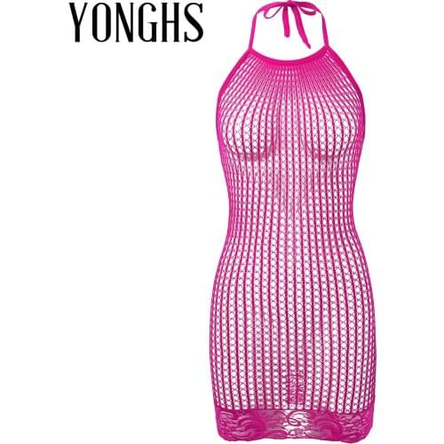 Womens Erotic Lingerie Fishnet Bodystockings Hollow Out Netted Halter Neck Lace Hemline Bodycon Mesh Sexy Mini Dress Nightwear