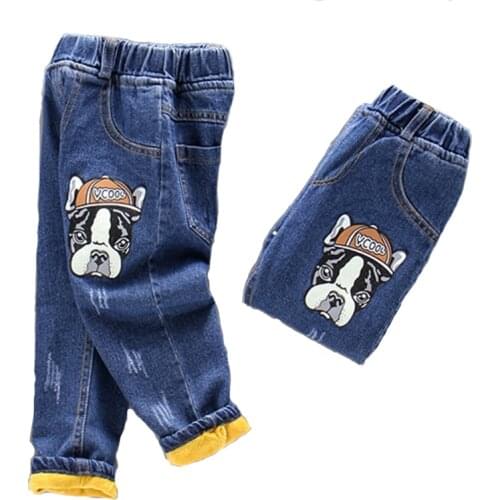Winter Boy Jeans Plus Velvet Thick Casual Pants Cartoon Print Dog Head Decoration Trousers For 2-6 Years Old Childrens Clothes
