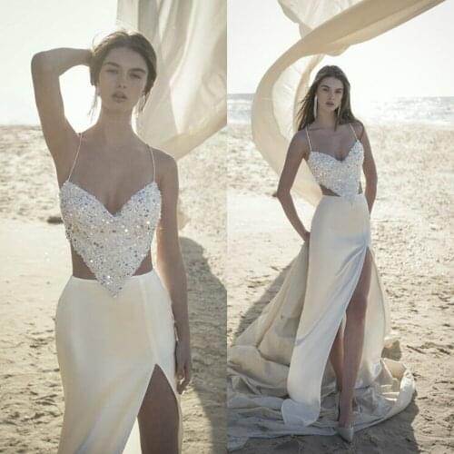 2020 Fashion Wedding Dresses Sexy Spaghetti Straps High Split Beach Bridal Gowns Custom Made Sweep Train A Line Wedding Dress