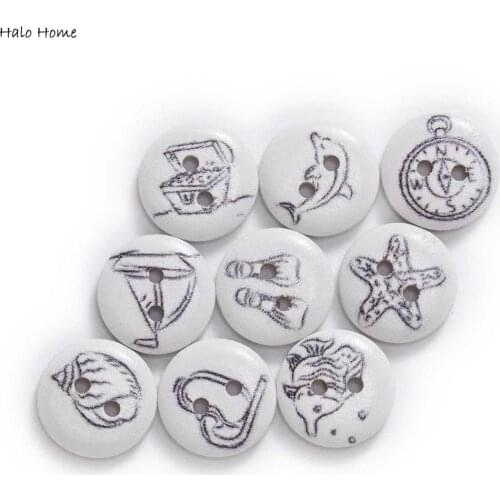 50pcs 2 Color Ocean Theme Round Wooden buttons Sewing Scrapbook Clothing Gifts Crafts Handwork Accessories 15mm