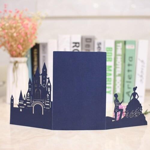 Free shipping 2pcs castle tri fold wedding invitation cards with envelope ,insert, RSVP 3 fold laser cut pocket fold cards