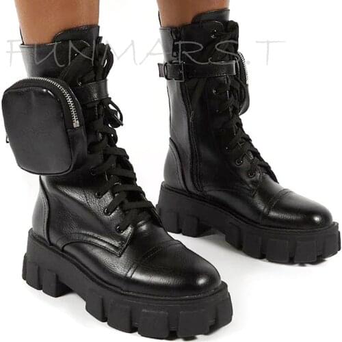 2020 New Chunky Boots Fashion Pocket Platform Boots Women Ankle Boots Female Sole Pouch Motorcycle Boots Shoes Women Botas Mujer