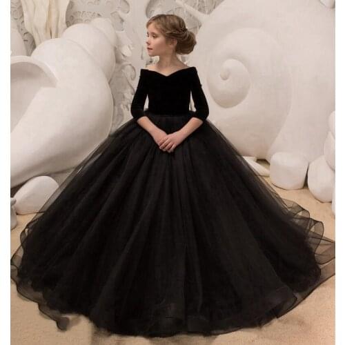 Black Flower Girl Dresses for Wedding V-Neck Tulle First Communion Dresses Sequined Ball Gown Kids Wedding Party Dresses