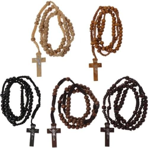 Wooden Beads Cross Pendant Rosary Necklace Catholic Christian Religious Jesus Necklaces Men Women Jewelry Charm Gift