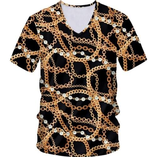 IFPD EU Size Fashion Men Golden Chain V-Neck T-shirt Summer 3D Printed T-Shirt Homme Short Sleeve Luxury Royal Baroque Plus Size