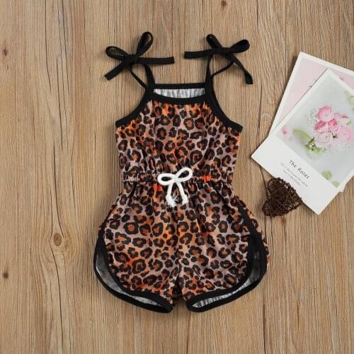 Newborn Baby Girls Leopard Printed Romper Jumpsuit Sleeveless Elastic Waist Short Pants Lace-up Sling Bodysuit for Summer