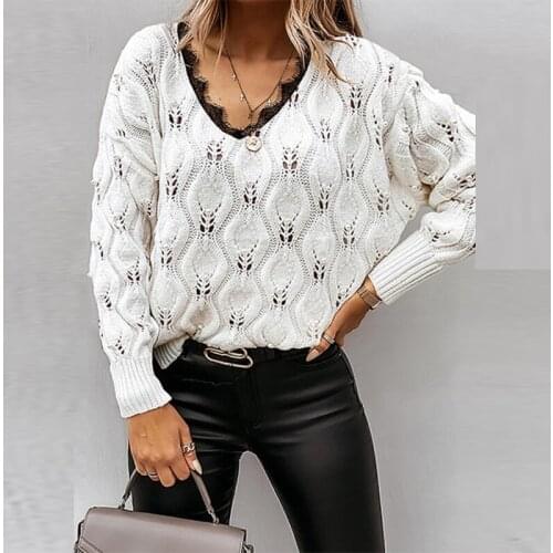 Lace Patchwork V-neck Knitted Pullover Elegant Sexy Solid Color Heart-shaped Hollow Sweater Womens Loose Long-sleeved Pullover
