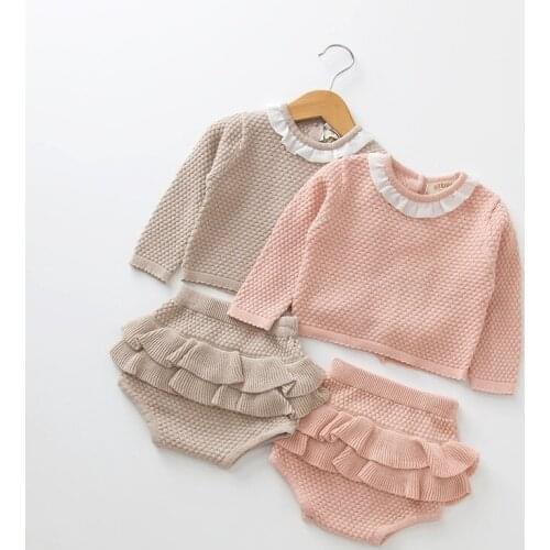 Fashion 0-24M Baby Girls Boys Knitted Clothes Suits Autumn Winter Kids Long Sleeve Ruffled Tops+Shorts set Outfits