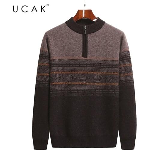 UCAK Brand Classic Pure Merino Wool Men Sweaters O-Neck Striped Streetwear Sweater Pull Homme Autumn Winter Thick Pullover U1302
