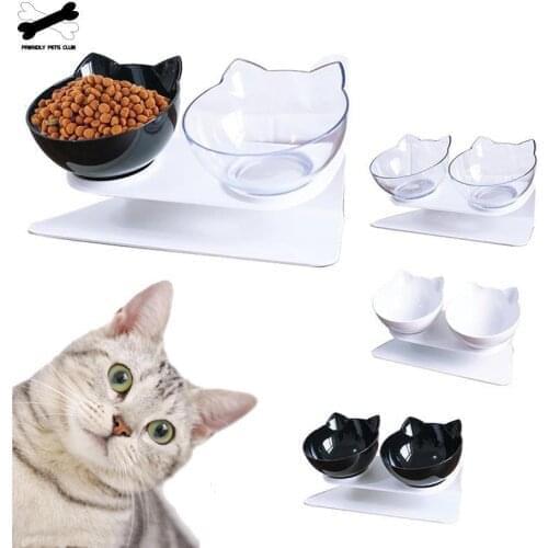 Non-slip Double Bowls For Cats Pet Drinking Water Food Bowl Tilt Protect Cervical Spine Removable Clean Little Cat Dog Bowl