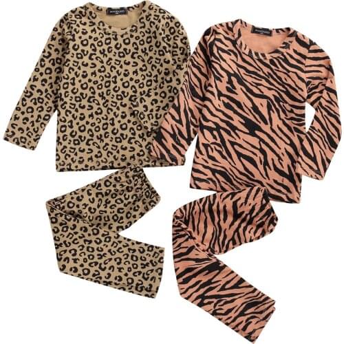 New Toddler Baby 2 Piece Homewear Sets, Leopard / Zebra Pattern Long Sleeve Shirt Top + Long Pant Pajamas Suits