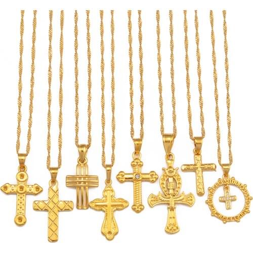 Anniyo Charm Cross Neckalces Women Girls Gold Color Christian Orthodox Crucifixion Jesus Religion Worship Jewelry Ankh #244306