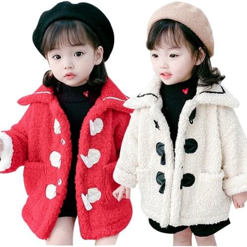 Kids Winter Faux Fur Overcoat Thicken Boys Girls Fur Jacket Horn Button turndown collar Long Children Warm Coat 2-10Years