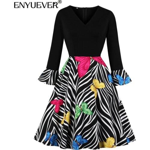 Enyuever Elegant Women Dress Spring Vintage Clothes Flare Sleeve Swing Patchwork Black Striped Butterfly Print Ladies Dresses