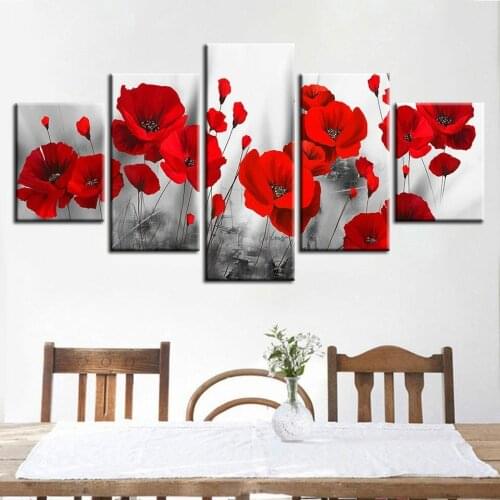 Romantic Red Poppies in Grey Background 5P Modern Home Wall Decor Canvas Picture Art HD Print Painting On Canvas for Living Room