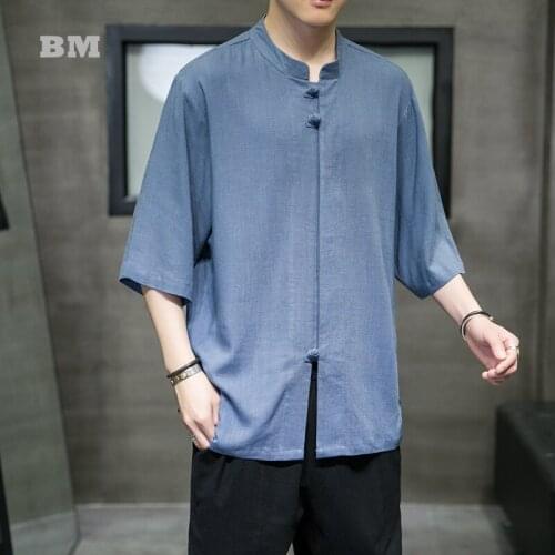 Summer Chinese Style Linens Short Sleeve Shirt Wu Tang Oversized Thin Tops Men Clothing 2021 Harajuku Casual Half Sleeve Male