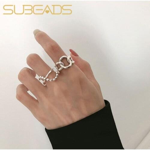 Subeads 925 Sterling Silver Hollow Circle Irregular Wide Line Rings Metal Beads Chain Ring Unisex Adjustable Open Finger Ring
