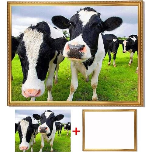 Framed 5D DIY Diamond Embroidery Full Drill Round Cow Diamond Painting Cattle Rhinestones Pictures Diamond Mosaic Animals