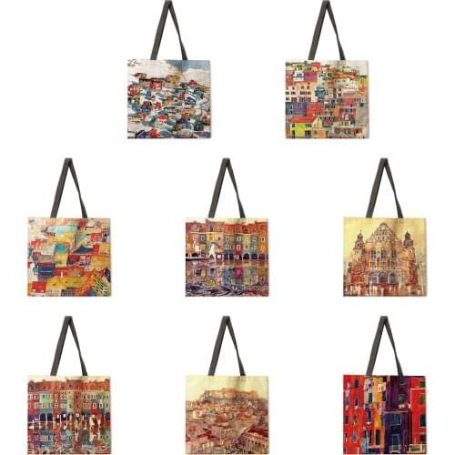 Womens beach bag foldable shoulder bag shopping bag oil painting life scene printing tote bag linen casual tote bag reusable