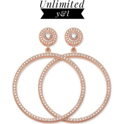 Rose Gold Color Big Circle Stud Earrings for Women 925 Sterling Silver Fashion White Cubic Zirconia Round Dangle Pendant Ear Stud Jewelry Accessories Gifts