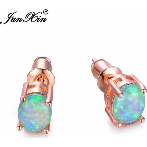 Boho Female White Opal Stone Earrings Cute Rose Gold Stud Earrings For Women Dainty Small Round Wedding Earrings