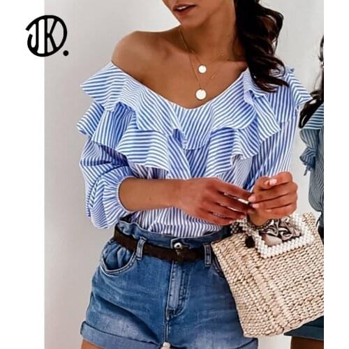 Summer Beach Pullover V-neck Stripe Print Top Casual Oversize 2XL Ladies Shirt Mid-sleeve Lotus Leaf Shirt Tee All-match Blousas